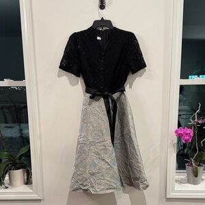 Black and Blue-Gray Lace Dress with Bow